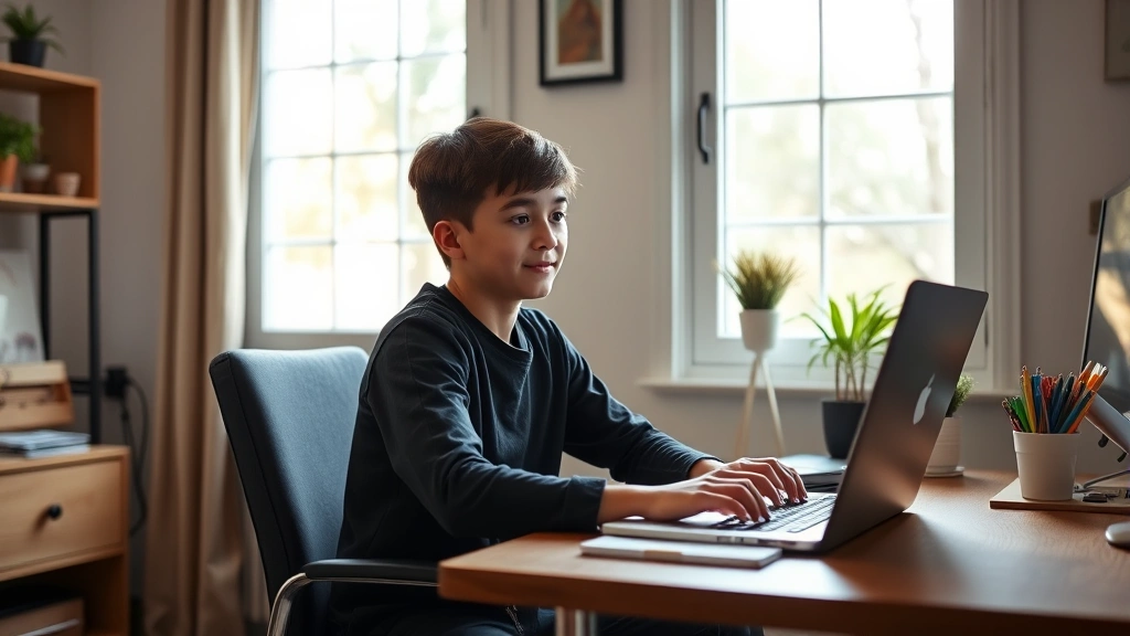 Student sitting at home desk with laptop during online class, natural window lighting, calm focused expression, comfortable h