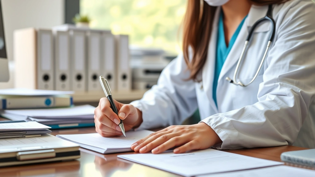 Healthcare provider writing notes at desk with medical files, professional clinical office setting, warm natural lighting, pe