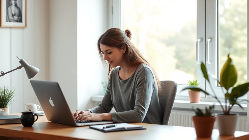 person working from home at desk with laptop near window natural light relaxed posture