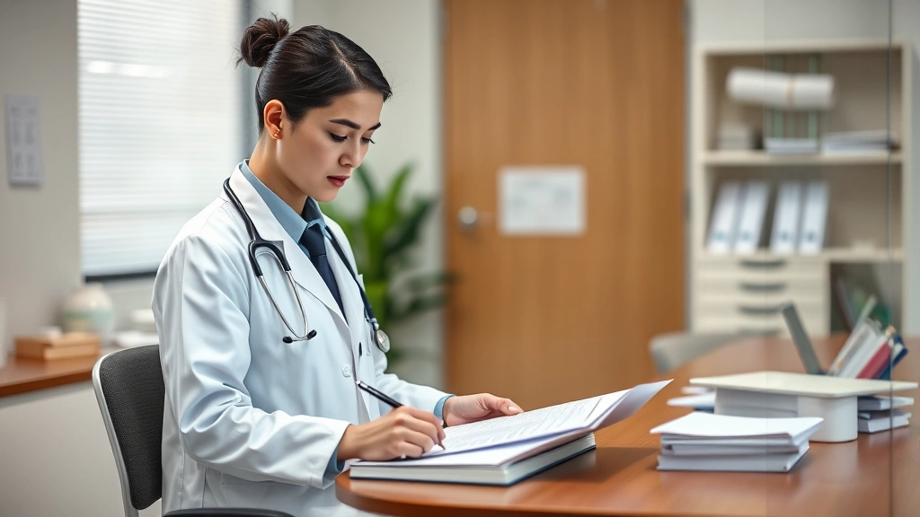 healthcare provider in white coat reviewing medical notes at clinic desk professional setting