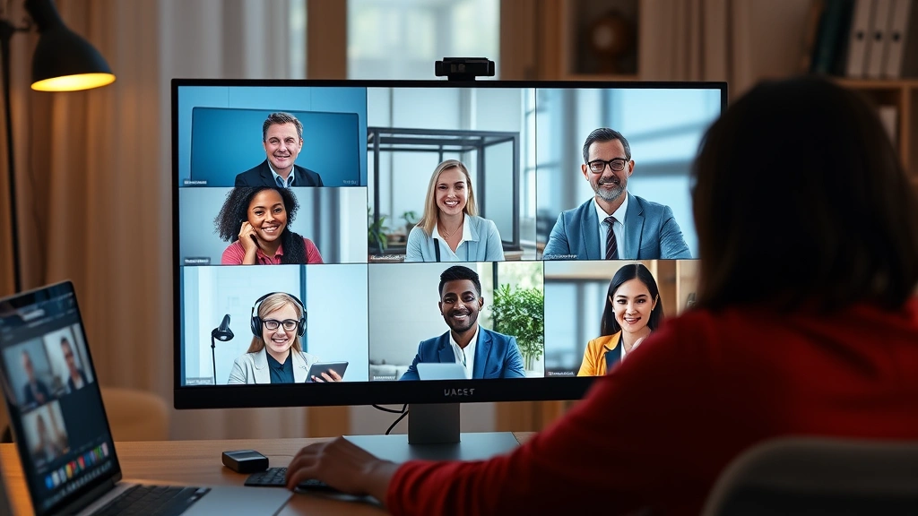diverse professionals in video conference call on computer monitor working remotely from home