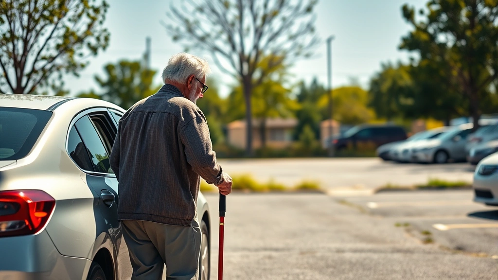 Older adult using cane walking from car in parking lot, sunny outdoor setting, realistic photography