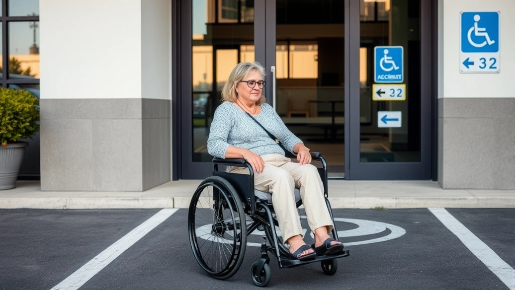 Woman in wheelchair being assisted near accessible parking space with wheelchair symbol, modern building entrance, daytime