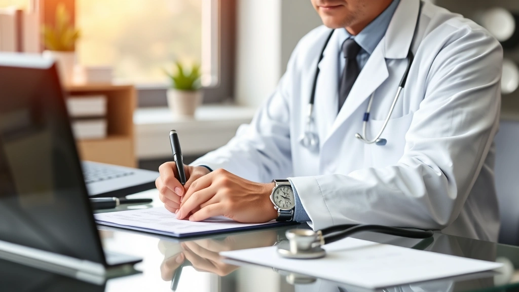 Doctor writing medical documentation at desk with stethoscope, professional medical office environment, natural lighting