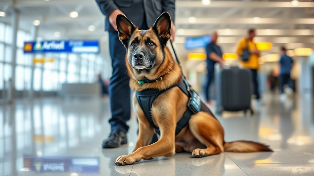 Service dog in harness sitting calmly in airport terminal with handler, professional and peaceful atmosphere