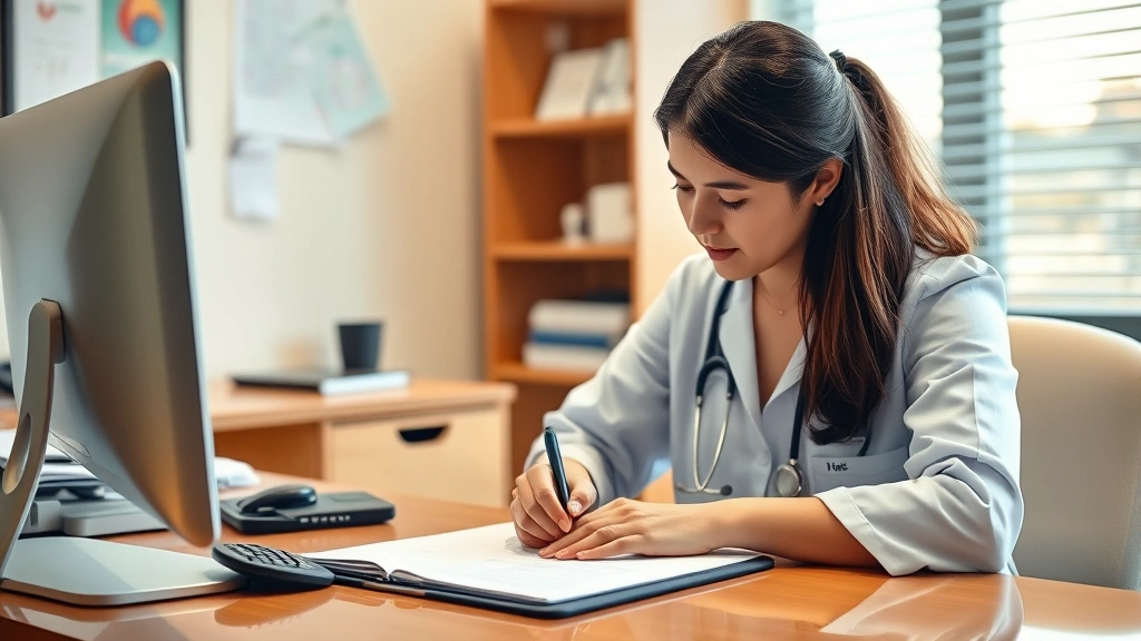 Healthcare provider at desk writing documentation with stethoscope visible, warm clinical office setting