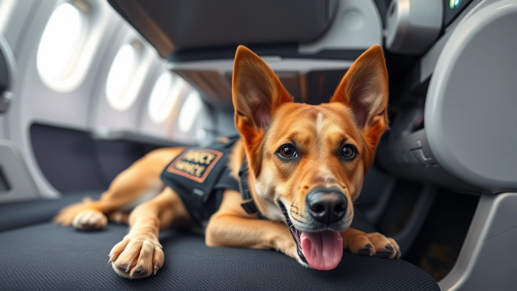 Service dog lying under airplane seat during flight, well-behaved and trained, cabin interior background