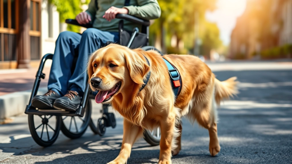 Golden retriever service dog wearing harness walking beside person in wheelchair on sunny street