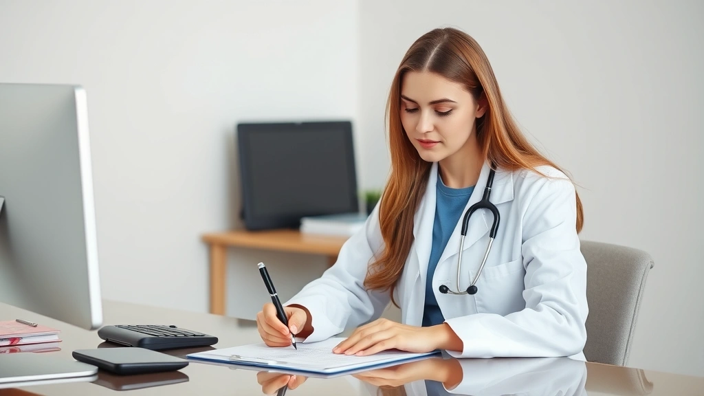 Female healthcare provider in white coat sitting at desk writing documentation with stethoscope visible
