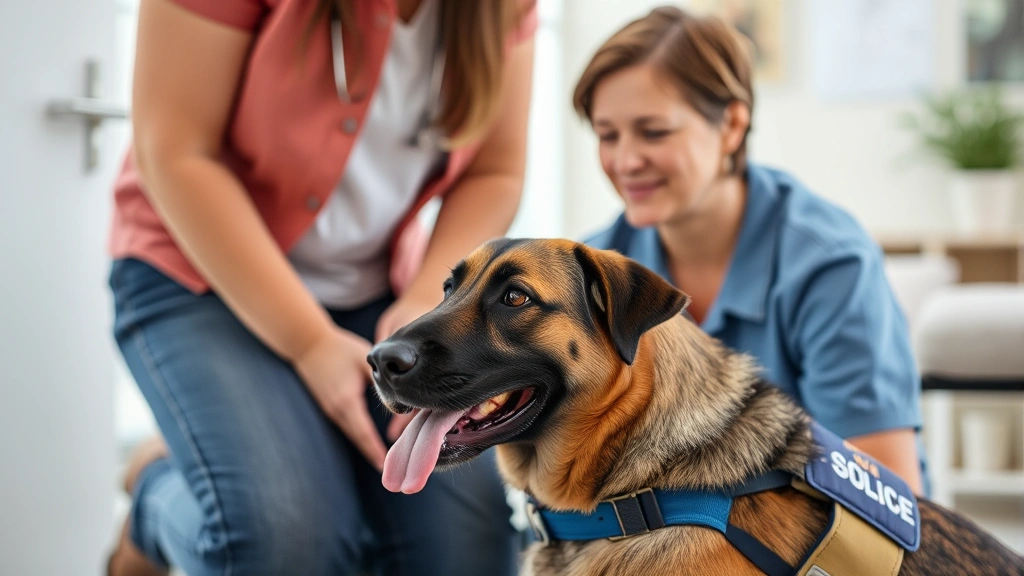 Service dog alert response to handler during medical episode with calm supportive presence indoors