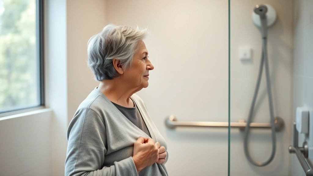 Older woman with gray hair using grab bar in modern accessible bathroom with safety features and natural light