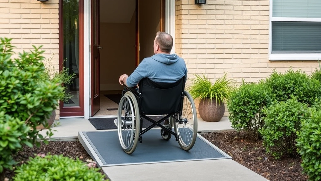 Person in wheelchair accessing ground floor apartment entrance with accessible ramp and clear pathways