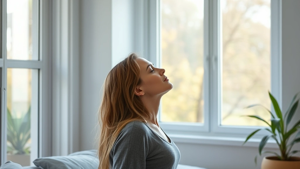 Woman breathing deeply near open window with fresh air and natural light in allergen-free bedroom environment