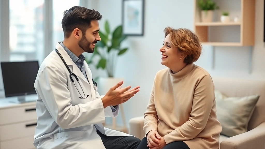 Healthcare provider in white coat discussing medical accommodation with patient in comfortable clinical office setting