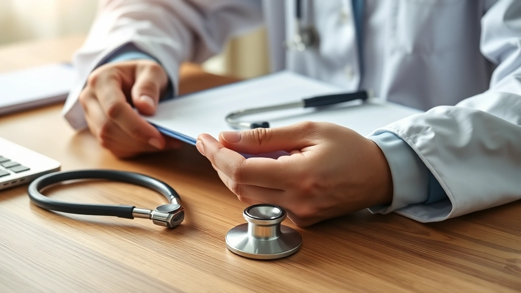 Close-up of hands holding medical documents and stethoscope on wooden desk, healthcare professional setting with soft natural