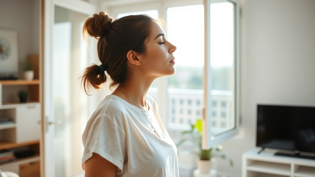 Woman breathing fresh air near open window in bright modern apartment, peaceful indoor environment with natural light streami