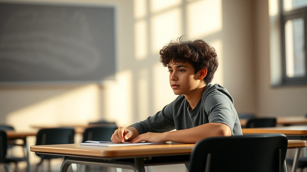 Student with dark curly hair sitting alone at desk in quiet testing room with soft natural lighting, focused and calm express