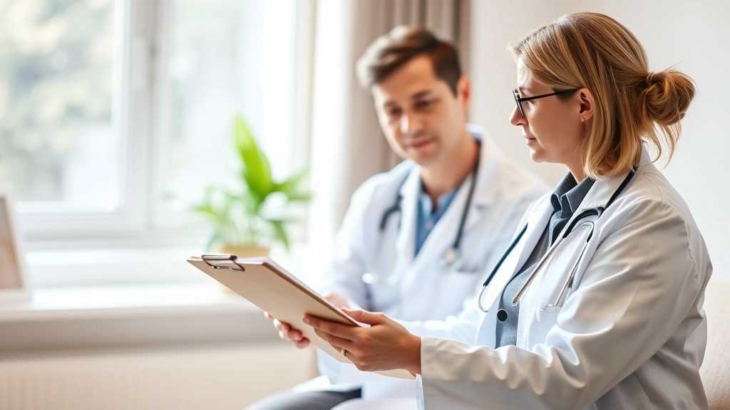 Healthcare provider in white coat holding clipboard reviewing patient notes during consultation, warm professional setting, n