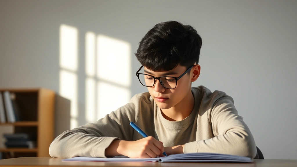 Young student with glasses concentrating during exam at isolated desk with minimal distractions, peaceful expression, morning