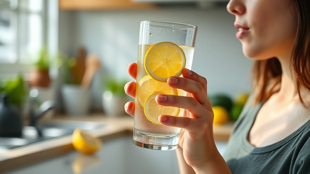 Person drinking water from a glass with fresh lemon slices, healthy kitchen background, bright natural lighting, wellness lifestyle photography