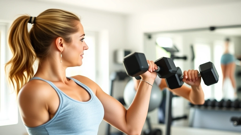 Woman doing dumbbell strength training in home gym, focused expression, proper form, motivational fitness environment, natural daylight