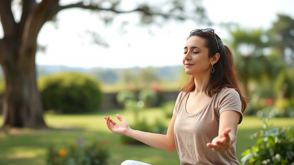Person meditating outdoors in peaceful garden setting, calm expression, stress relief posture, serene natural background, wellness and mindfulness focus
