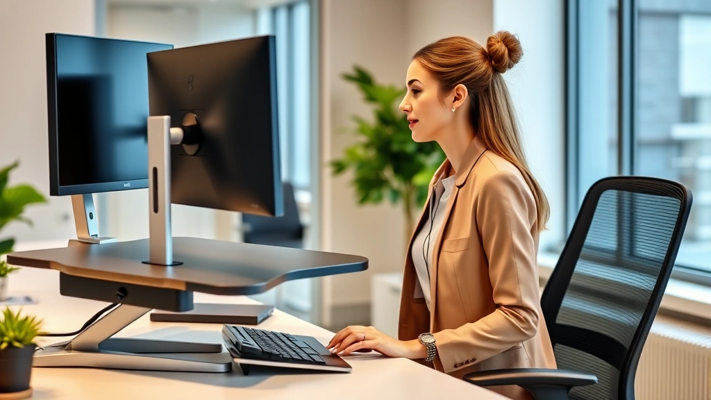 professional woman at ergonomic desk with monitor riser keyboard tray and adjustable chair in bright modern office