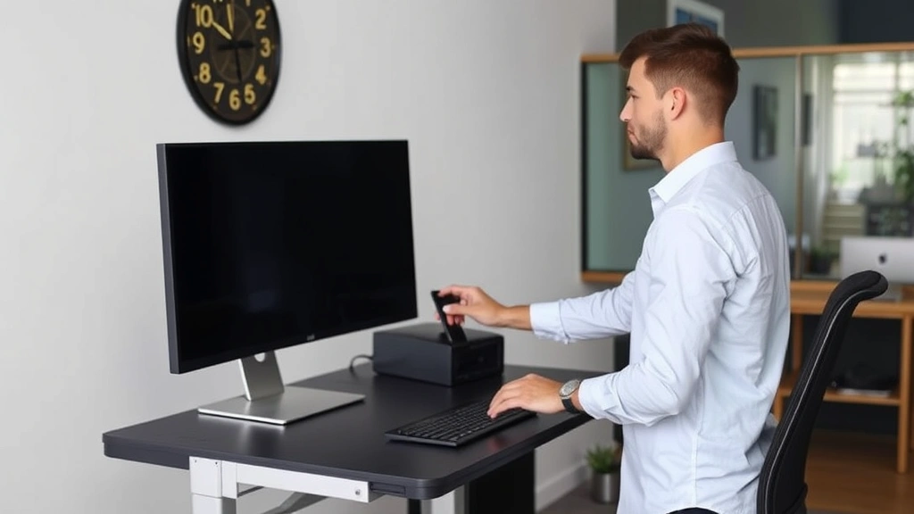 employee using standing desk converter with proper wrist alignment and monitor positioning in workspace