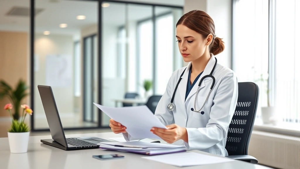 Female doctor in white coat reviewing medical documents at desk in modern clinic office with stethoscope
