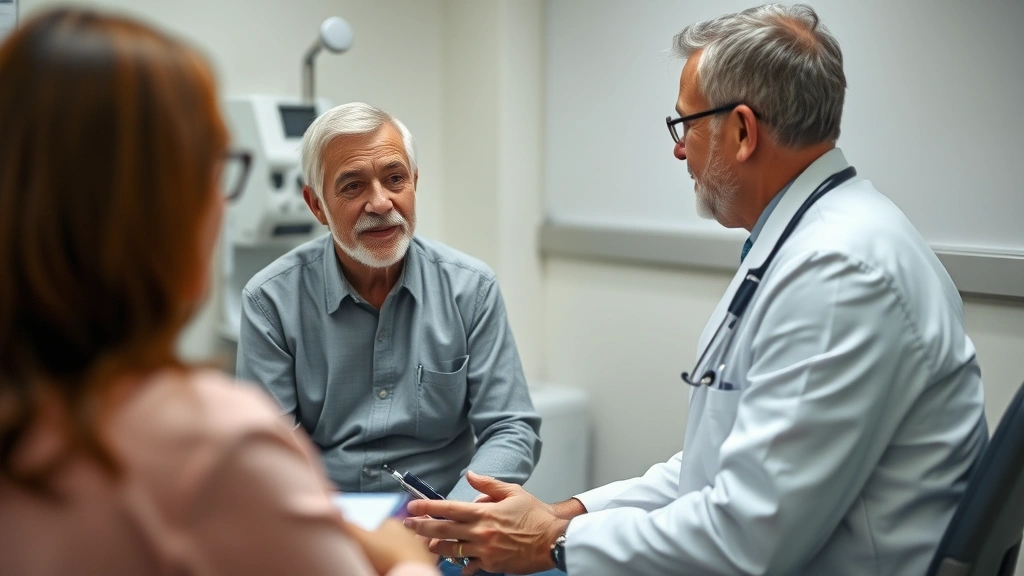 Middle aged man sitting in medical examination room during consultation with healthcare provider taking notes