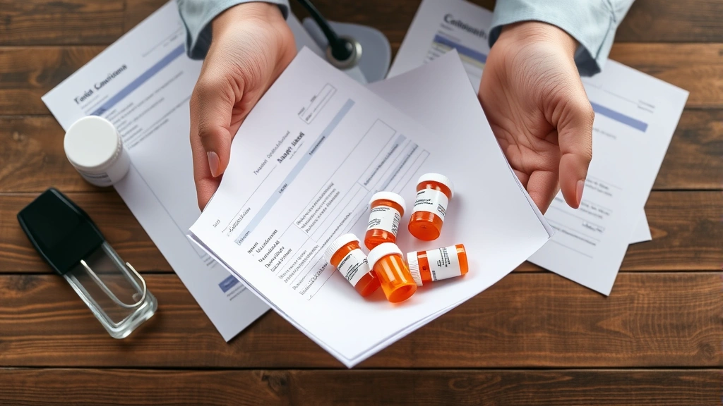 Close up of hands holding medical records and prescription medication bottles on wooden table with healthcare forms