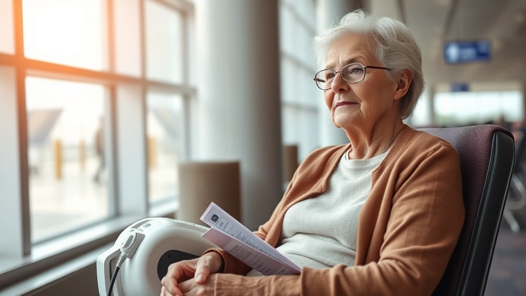 Senior woman with portable oxygen concentrator sitting in bright airport terminal near window, looking calm and prepared with