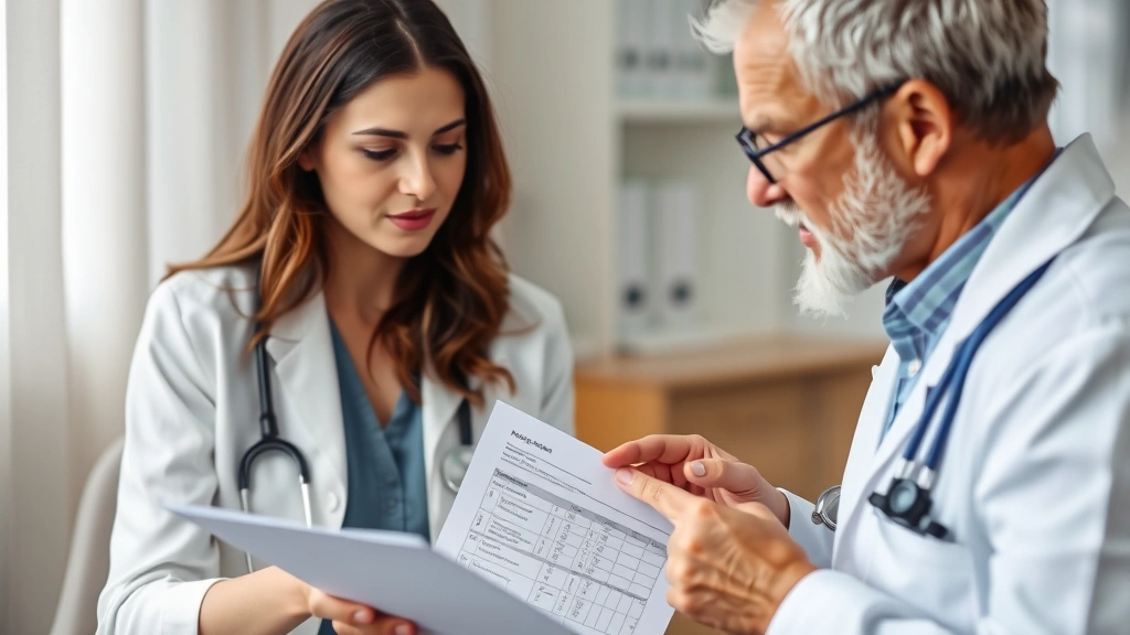 Close-up of patient discussing medical documents with female pulmonologist in clinical office, pointing at oxygen prescriptio