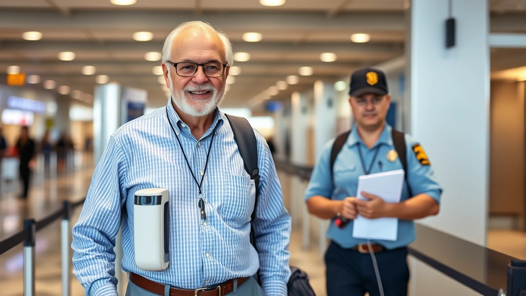 Confident middle-aged man with oxygen concentrator walking through airport security checkpoint with TSA officer, holding trav