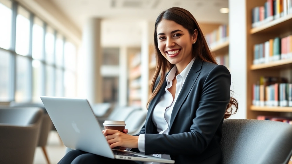 Young professional woman in business casual clothing sitting in bright college library with laptop and coffee, smiling confid