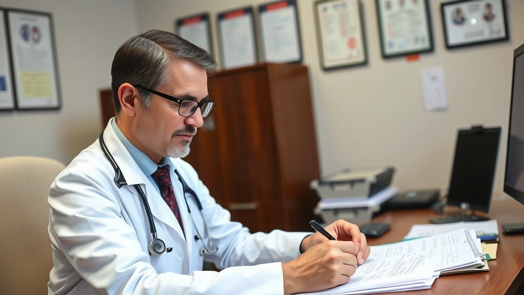 Healthcare provider in white coat sitting at desk reviewing medical documents and writing notes, professional office setting