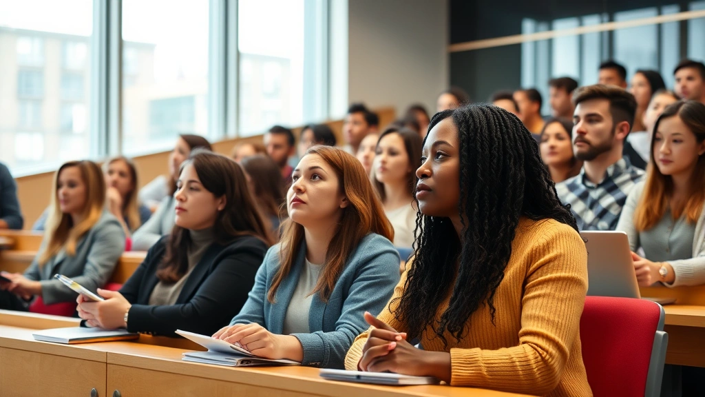 Diverse group of students in university classroom engaged and attentive, bright modern lecture hall with natural lighting, va