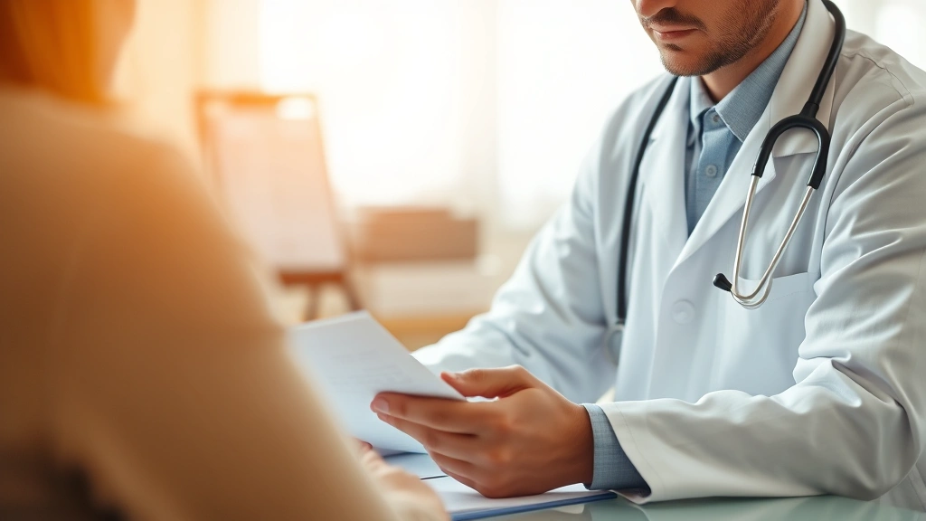 Doctor in white coat reviewing medical documents at desk with stethoscope, warm office lighting, patient perspective