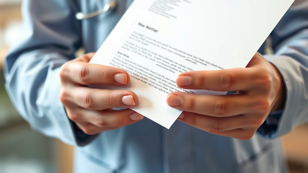 Close-up of hands holding official medical letter with letterhead and signature, professional healthcare setting