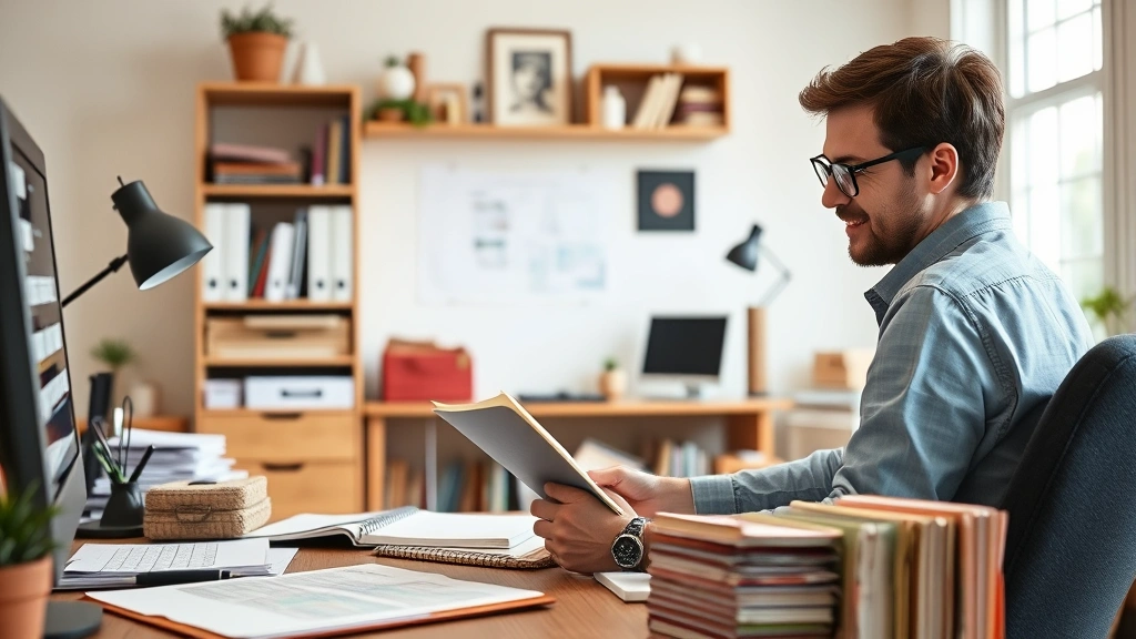 Diverse person in comfortable home office reviewing paperwork and taking notes, organized file folders visible on desk