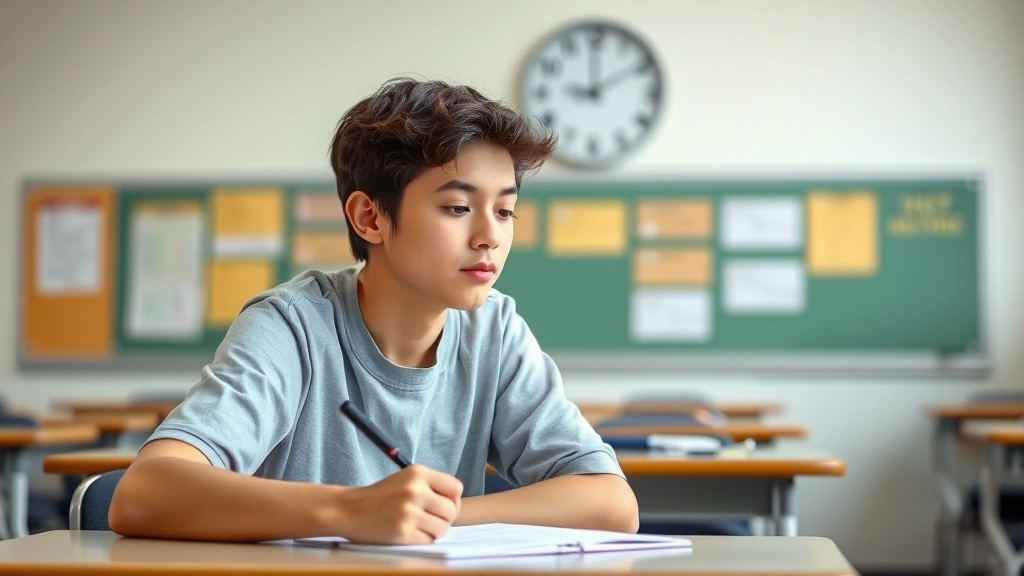 Student sitting at desk taking exam with clock in background, relaxed focused expression, natural classroom lighting