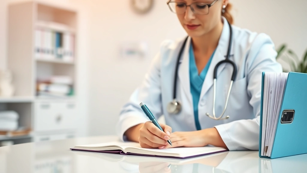 Healthcare provider writing notes at desk with medical file open, professional office setting, warm lighting