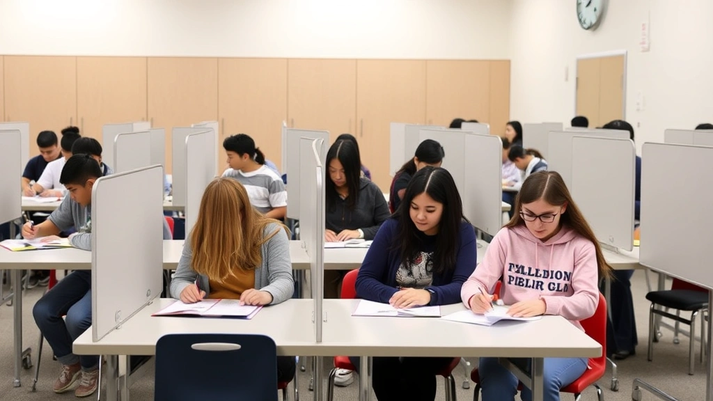 Diverse group of students in testing center with dividers, some with extra time accommodations, neutral lighting