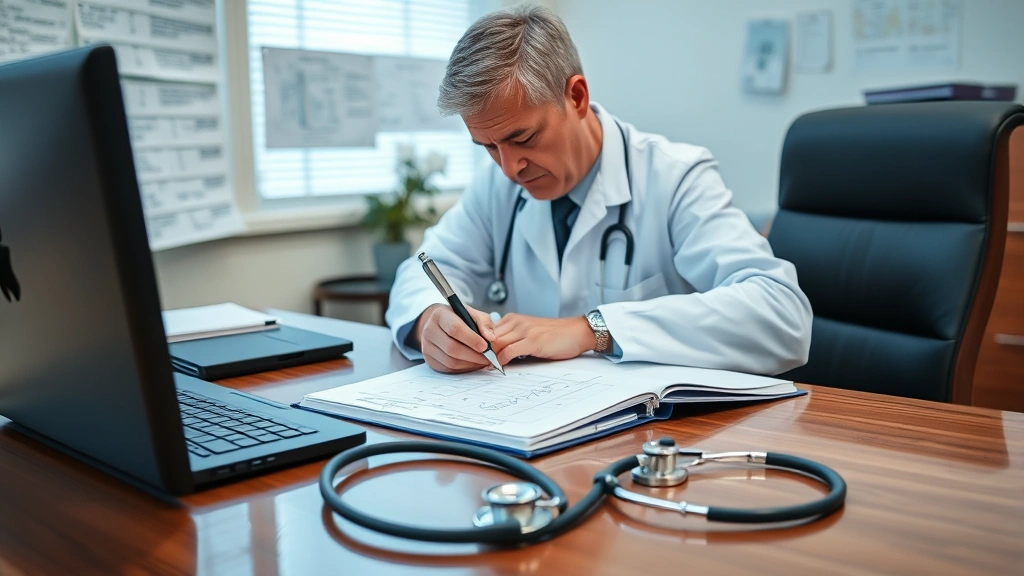 Doctor writing medical notes at desk with patient chart and stethoscope in clinic office setting