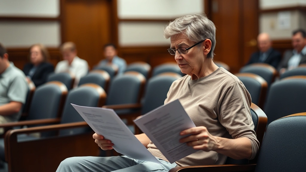 Patient sitting in courtroom gallery, appearing uncomfortable and in pain, holding medical documentation