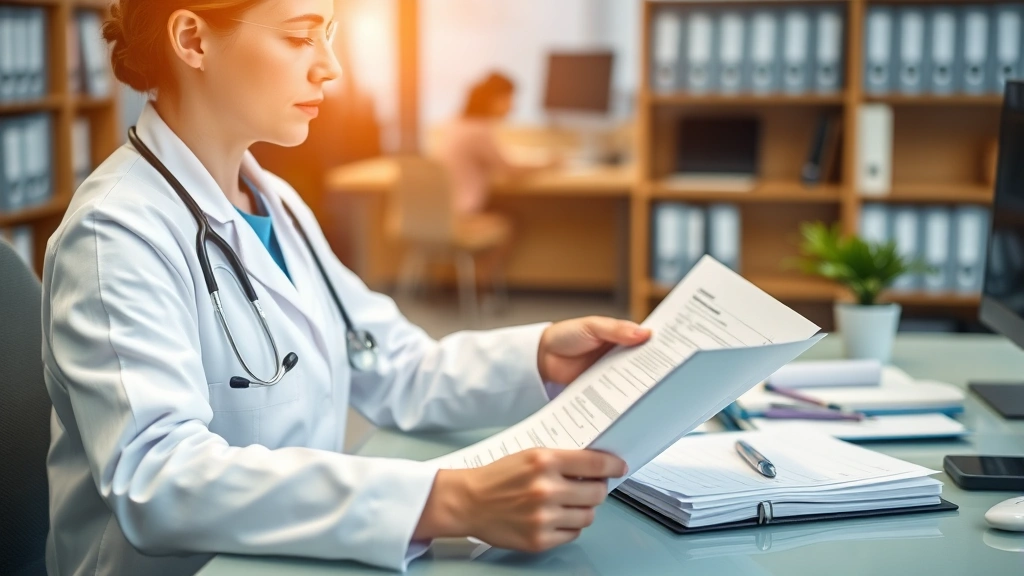Healthcare professional reviewing medical records and forms at desk with professional office background