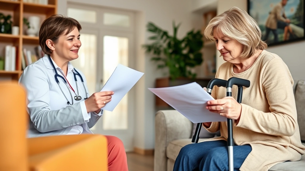 Woman with mobility crutches reviewing documents at home with supportive healthcare provider consultation