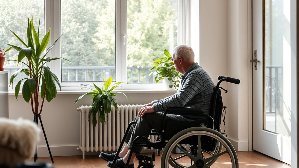 Person sitting in accessible ground floor apartment near large windows with natural light and mobility aids