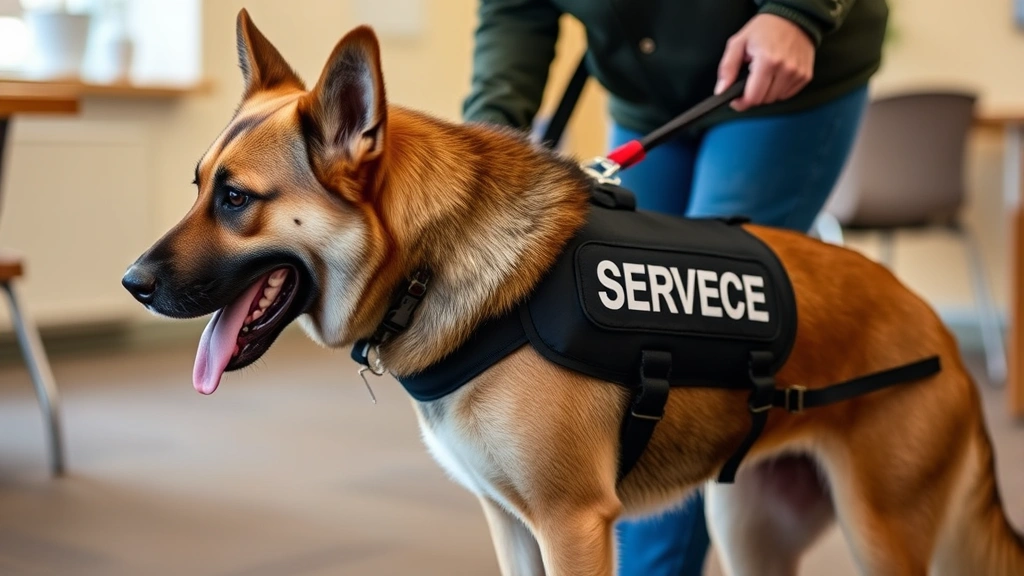 Service dog in vest performing mobility assistance task, handler receiving support, realistic indoor setting