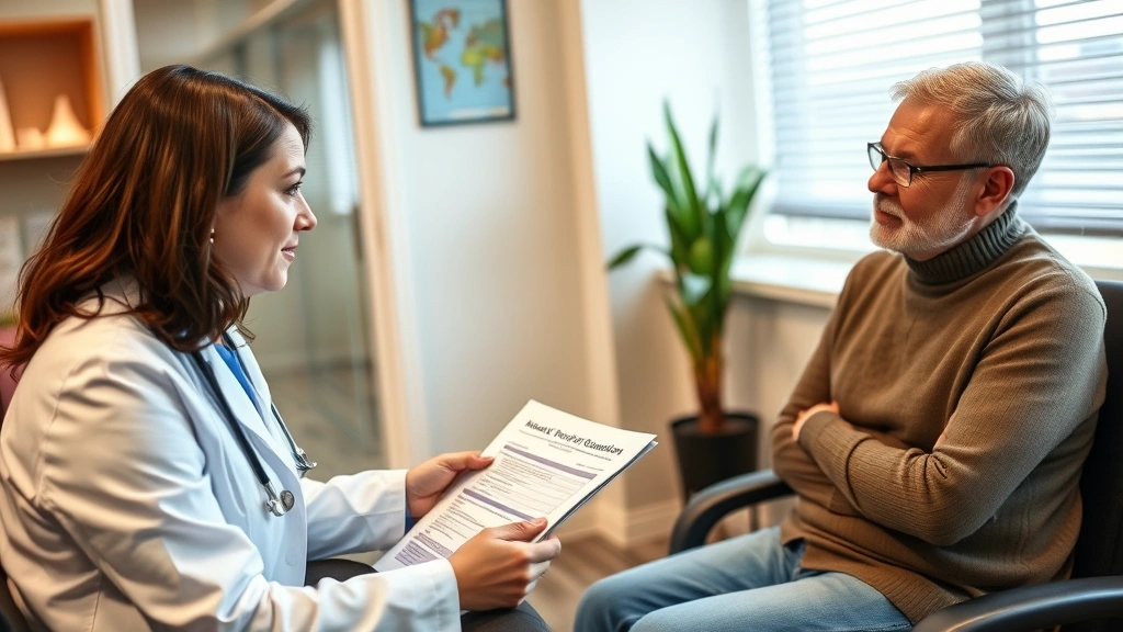 Healthcare provider meeting with client discussing disability documentation, professional office environment, warm lighting